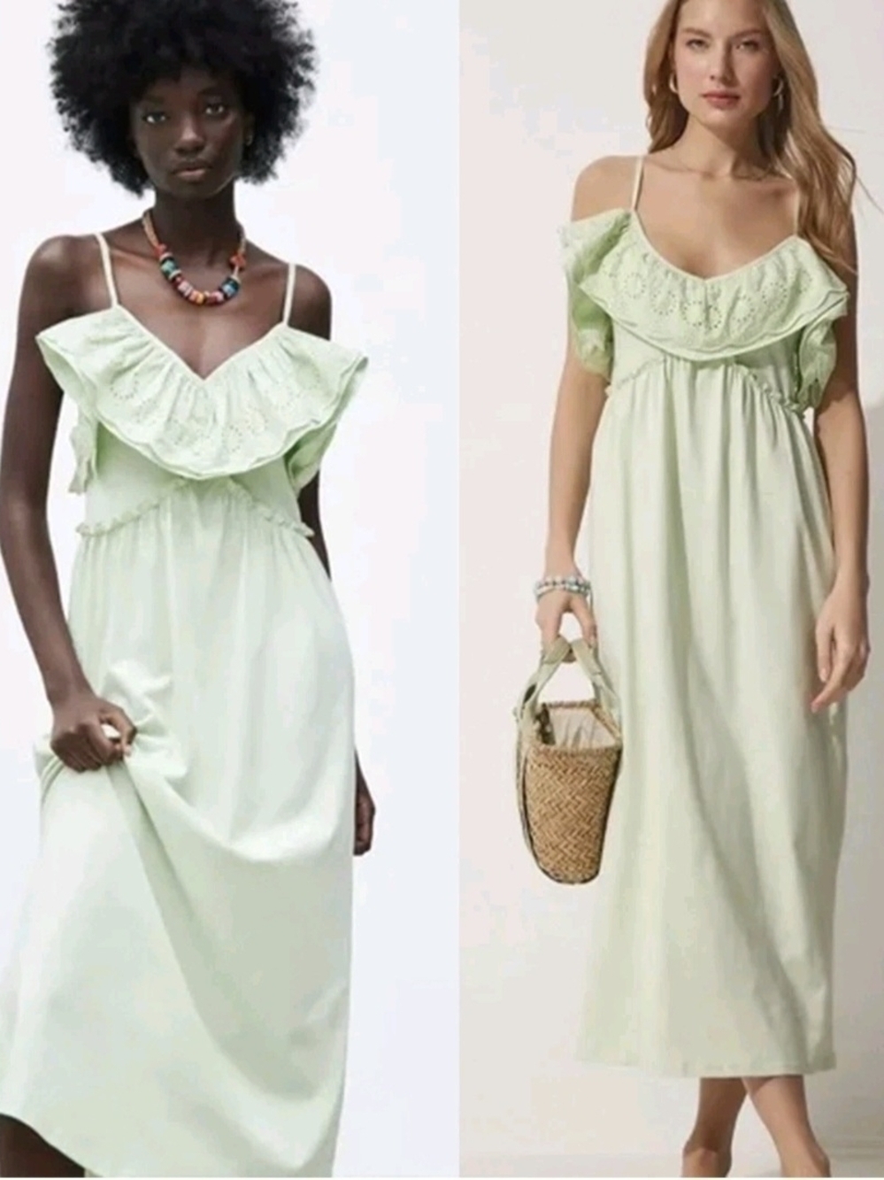ZARA Light Green Ruffle Maxi Dress - Women M
